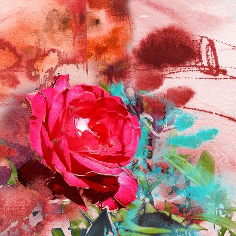 Abstract painting on handmade paper and roses, mixed media art background